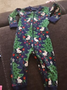 Hanna Andersson Navy & Green Bunny Holiday One-Piece Footie